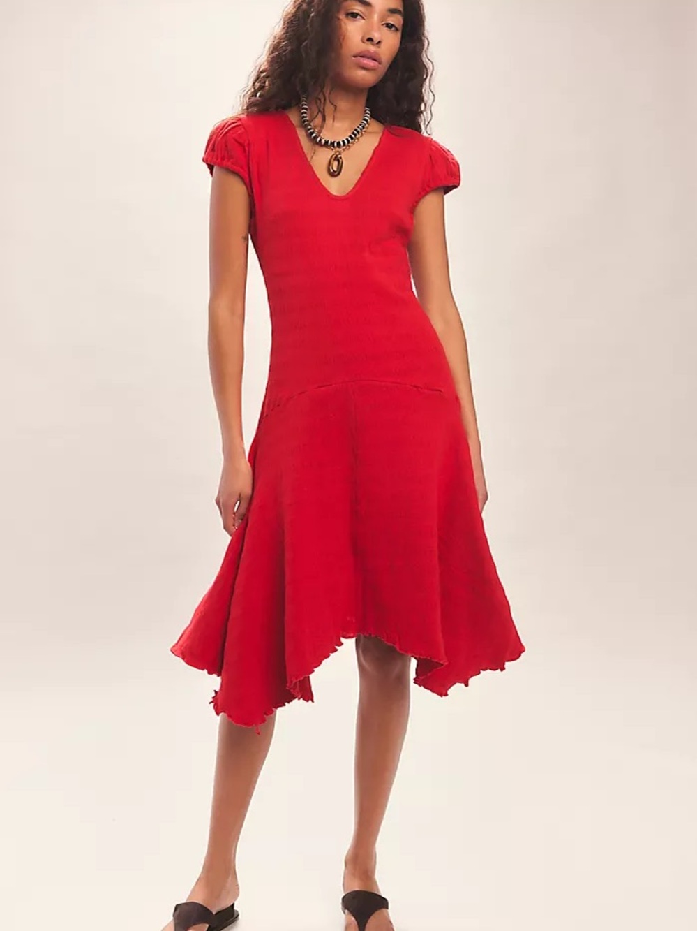 Red V-Neck Flared Midi Dress — Free People